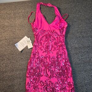 B. Darlin Hot Pink Sequin Damask Halter Mini Dress prom date  NWT Size 0